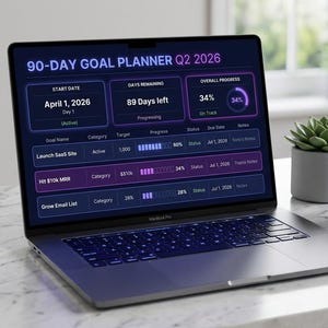 May include: A laptop displaying a 90-day goal planner for Q2 2026, with progress indicators and a start date of April 1, 2026. A white mug with "PRODUCTIVITY 2026" is next to the laptop, along with a pen and a small succulent.