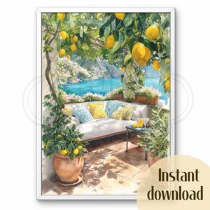 Lámina decorativa para pared con diseño de terraza mediterránea con limoneros, escena costera con sofá, vista relajante de patio, estilo acuarela.