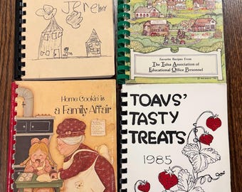 Collection of vintage spiral bound cookbooks from the 80s.