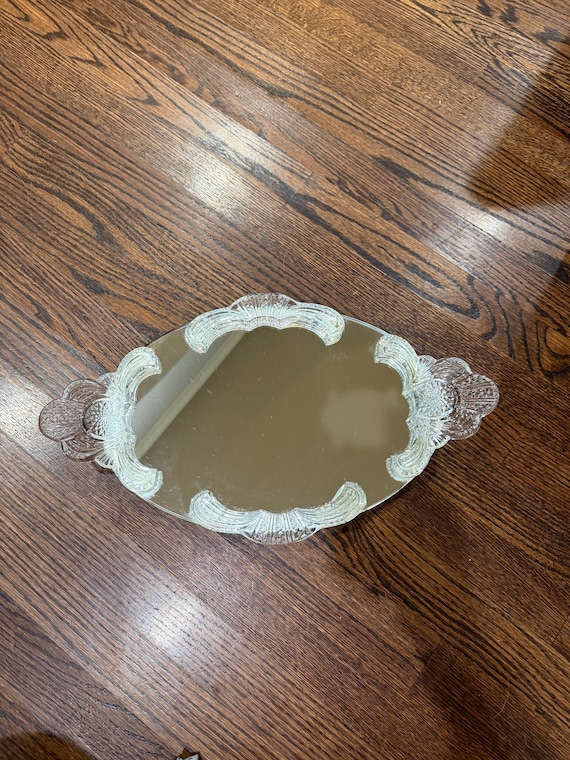 Vintage Lucite Pressed Glass Vanity Mirror Tray | Art Deco Scalloped Ends | 1950s 60s Dresser Tray | Hollywood Regency