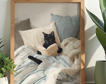 Zwarte kat kunstafdruk lezen | Gezellige zwarte kat in bed poster, grillige boekenwurm huisdier portret, esthetische literaire slaapkamer muur decor cadeau