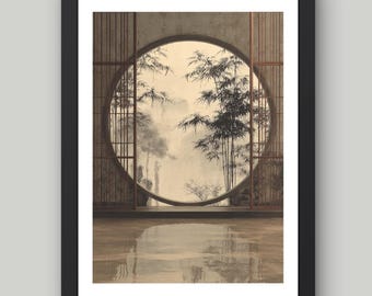 Póster tradicional chino de la Puerta de la Luna y Bambú - Póster con estampado de bambú reflectante y espejo - Reflejos del Zen - Obra de arte para todas las habitaciones