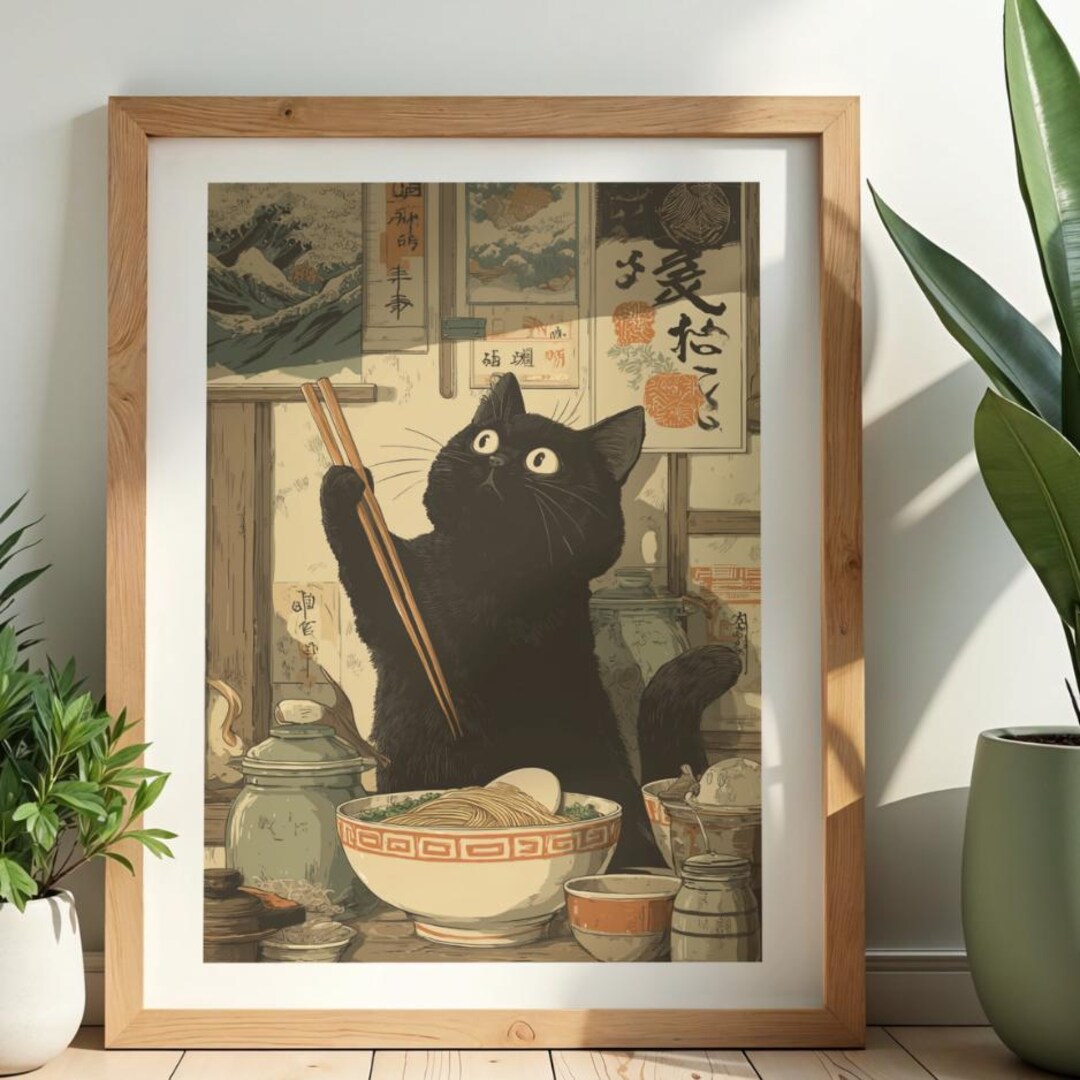 Black Cat Ramen Japanese Art Print – Vintage Noodle Cat Poster - Etsy