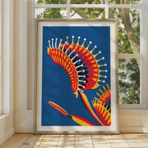 May include: A framed art print featuring a stylized illustration of a Venus flytrap plant against a solid blue background. The plant has vibrant red, yellow, and orange leaves with white-tipped cilia, depicted in a bold, graphic, and flat design.