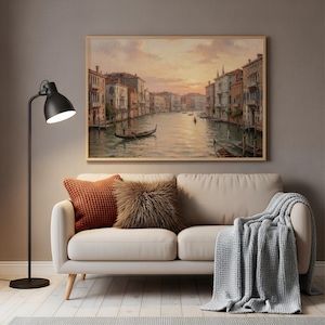 Vintage Venice Canal Art Print | Impasto Oil Painting Style Grand Canal Gondola Sunset Wall Art | Romantic Italian Cityscape Decor