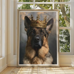 German Shepherd Royal Crown Poster, Regal Dog Portrait Wall Art, GSD King Print, Pet Lover Gift, Dark Moody Animal Painting Home Decor