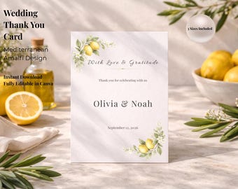 Mediterranean Thank You Card Template Canva, Amalfi Wedding Thank You Card, Italian Wedding Thank You Editable, Lemon Wedding