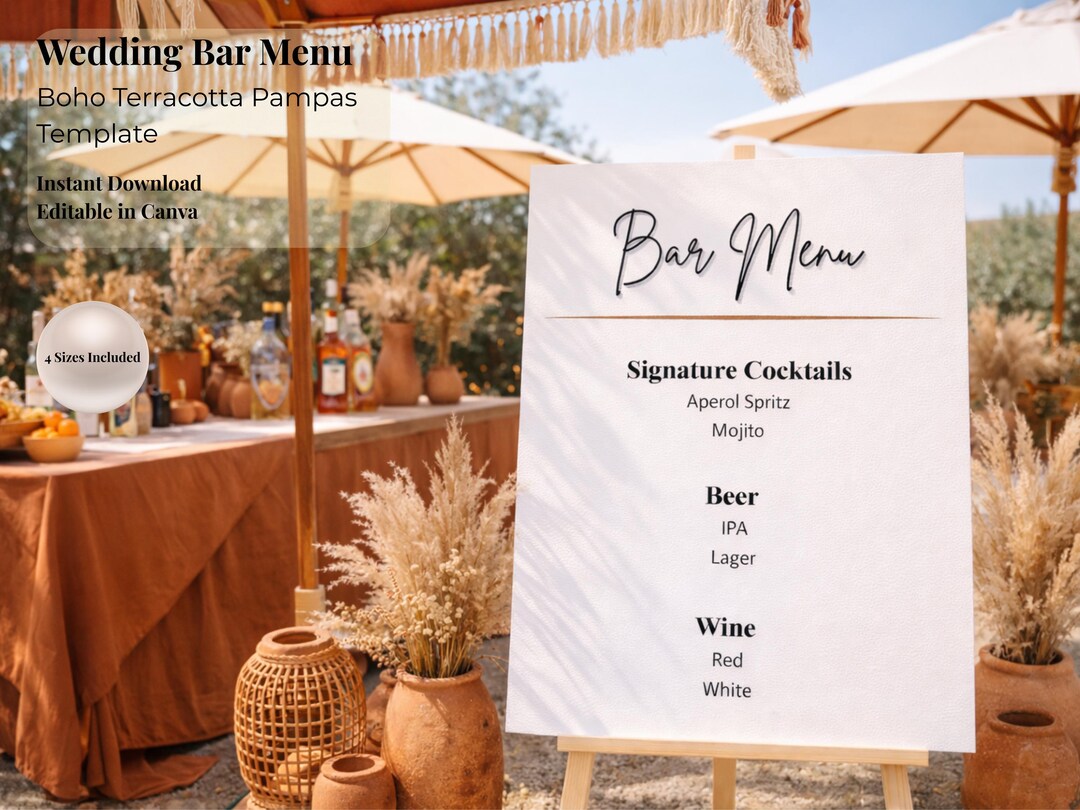 Boho Bar Menu Template Canva, Terracotta Wedding Bar Menu Sign ...
