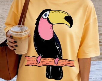 Tucán retro PNG, diseño de camiseta de pájaro tropical colorido, sublimación de tucán vintage, descarga digital de verano boho, PNG