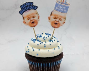 Custom Face Cupcake Toppers with Party Hats - Personalized Photo Cake Toppers