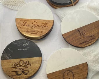 Personalized Marble and Wood Coaster - Custom Engraved 4 Inch Round Drink Coaster