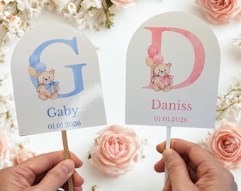 Personalized Teddy Bear Acrylic Cake Topper - Name Initial & Birthday - 1st Birthday or Baby Shower