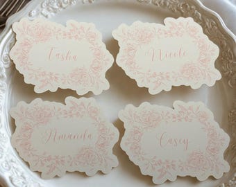 Pearlized Green Toile Floral Table Sign | Wedding Place Card 3.5x2.5 | Handwritten Note Card