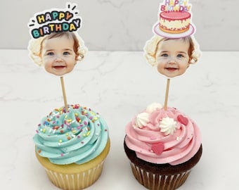 Custom Face Cupcake Toppers with Party Hats - Personalized Photo Cake Toppers