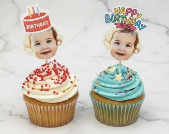Custom Face Cupcake Toppers with Party Hats - Personalized Photo Cake Toppers