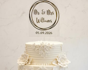 Clear Mr. and Mrs. Wedding Cake Topper - Gold Metallic Decal - Floating Acrylic Minimalist Wedding