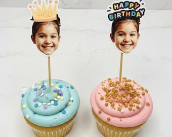 Custom Face Cupcake Toppers with Party Hats - Personalized Photo Cake Toppers