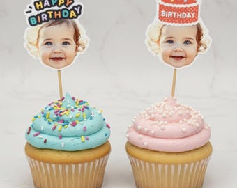 Custom Face Cupcake Toppers with Party Hats - Personalized Photo Cake Toppers