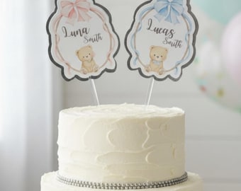 Teddy Bear on Ribbon Swing Cake Topper - Personalized Baby Name - Silver & Laminated Layered Decor
