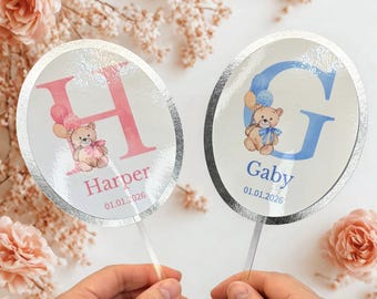 Personalized Teddy Bear Cake Topper - Silver Glitter Cardstock & Laminated Layer