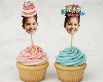 Custom Face Cupcake Toppers with Party Hats - Personalized Photo Cake Toppers