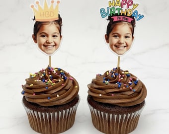 Custom Face Cupcake Toppers with Party Hats - Personalized Photo Cake Toppers