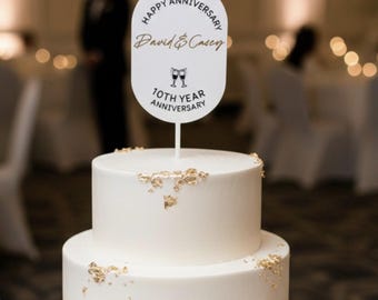 Personalized Wedding Anniversary Cake Topper - Champagne Glass Design - Custom Gold & Black Anniversary Decor