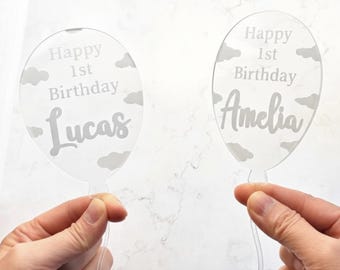 Hand-Painted Cloud Balloon Cake Topper - Clear Acrylic Laser Cut - Party Decor