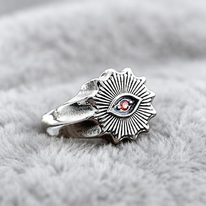 Retro Evil Eye Sunrise Silver Ruby Ring, Gothic Men's Amulet, Motorcycle Style
