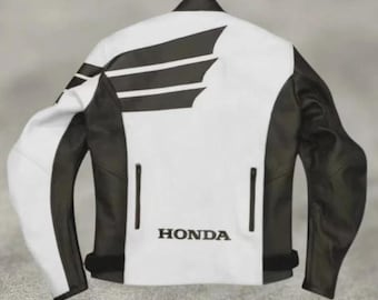 Honda Motorbike Black and White CowHide Leather Jacket, Bikers Racing Motorcycle Jacket