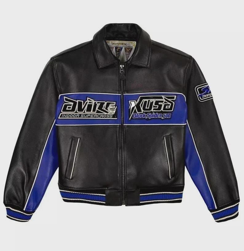 May include: A black leather jacket featuring blue panels on the sleeves and a horizontal blue stripe across the chest. The chest displays the text Avirex Indoor Supercross and Xusa Black Spider 500. It has a front zip, collar, and striped cuffs.