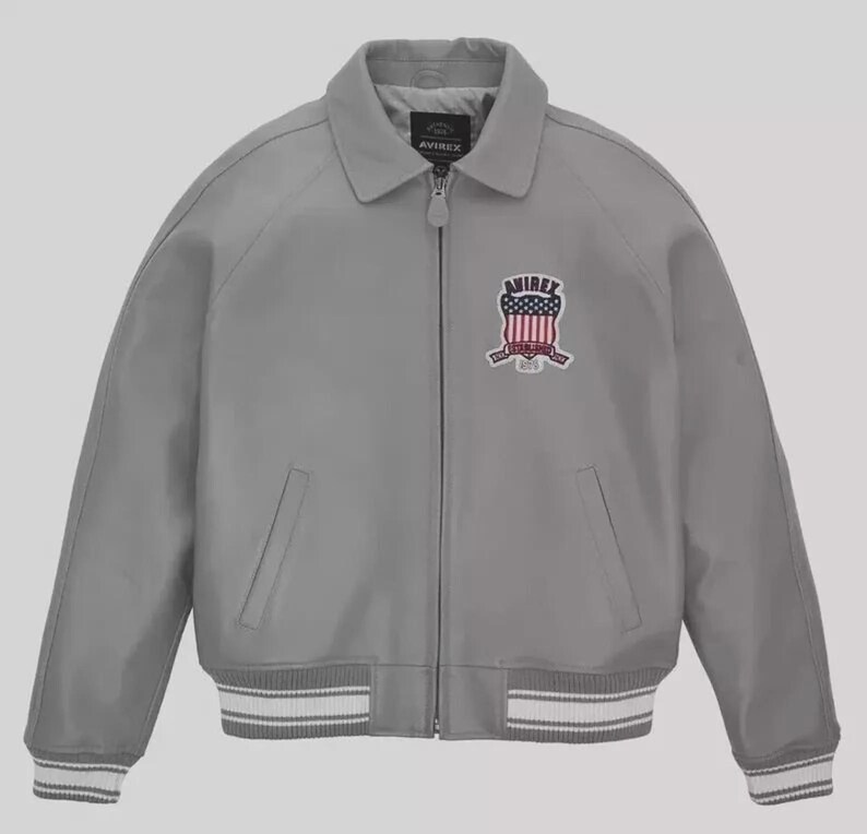Men's Avirex Gray Real Bomber American Flight Jacket 100% Lambskin Leather Jacket image 2