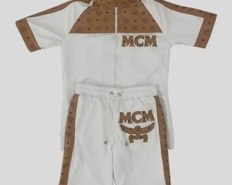 MCM Men's White Leather Monogram Tracksuit Set: Zip Shirt & Shorts