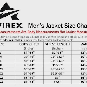 May include: A size chart for Avirex jackets, with measurements in inches. The chart includes body chest, sleeve length, and waist sizes, ranging from S to 5XL. Text at the top reads "Men's Jacket Size Chart".