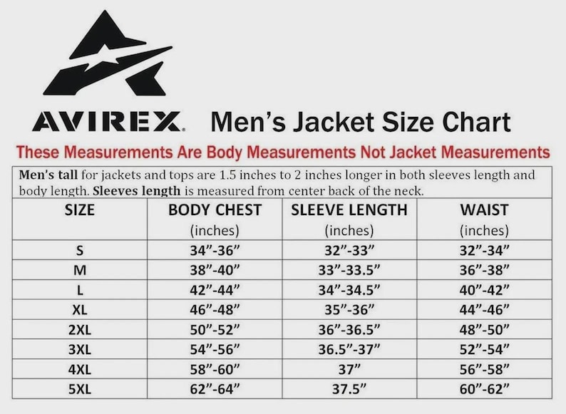 May include: A size chart for Avirex jackets, with measurements in inches. The chart includes body chest, sleeve length, and waist sizes, ranging from S to 5XL. Text at the top reads "Men's Jacket Size Chart".