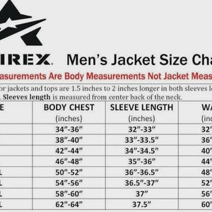 May include: AVIREX men's jacket size chart with body measurements in inches. Sizes range from S to 5XL, with body chest measurements from 34"-36" to 62"-64", sleeve lengths from 32"-33" to 37.5", and waist sizes from 32"-34" to 60"-62".