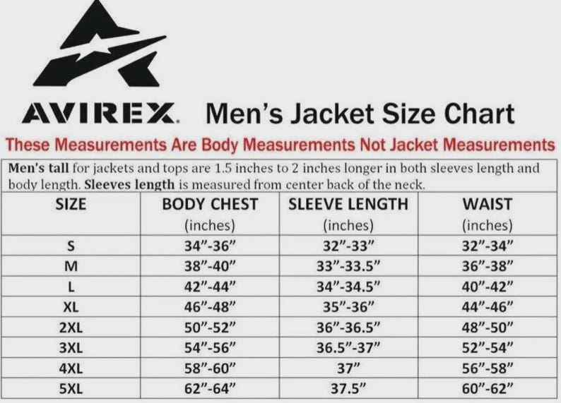 May include: AVIREX men's jacket size chart with body measurements in inches. Sizes range from S to 5XL, with body chest measurements from 34"-36" to 62"-64", sleeve lengths from 32"-33" to 37.5", and waist sizes from 32"-34" to 60"-62".