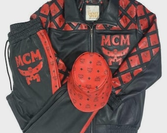 MCM Style Red Black Leather Tracksuit + Matching Bucket Hat | Luxury Hip Hop Outfit | Men’s & Women’s Streetwear Set gift