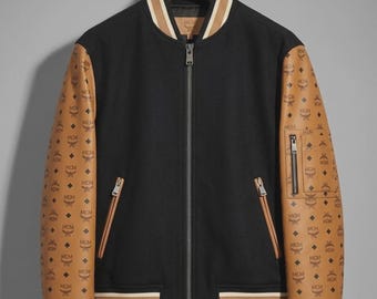 MCM Style Bomber Jacket | Black Wool, Cognac Monogram Leather Sleeves