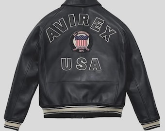 Handmade Cowhide Leather Avirex Jacket - Black USA Style