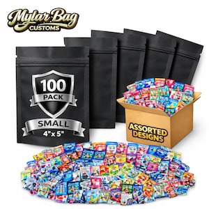 May include: Black mylar bags with a shield design that reads "100 PACK SMALL 4"x5"" and a box of assorted designs. The bags are 4 inches by 5 inches. The box is filled with colorful, small packages.