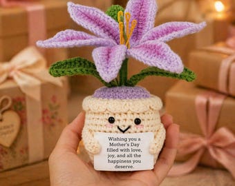 Crochet Lily Flower Pot, Handmade Desk Decor, Custom Message Card
