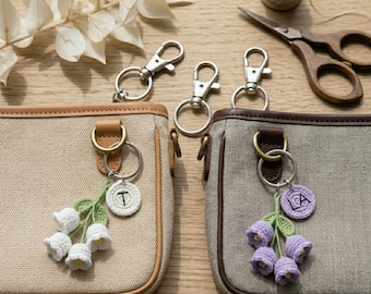 Crocheted Lily of the Valley Keychain | Personalized Initial Flower Bag Charm