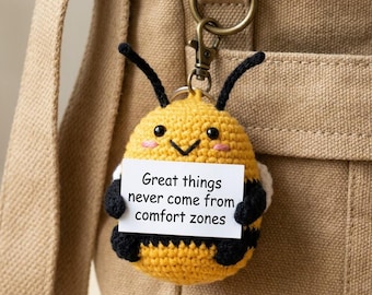 Personalized Crochet Bee | Amigurumi Desk Pet, Car Charm, Keychain | Custom Quote Gift
