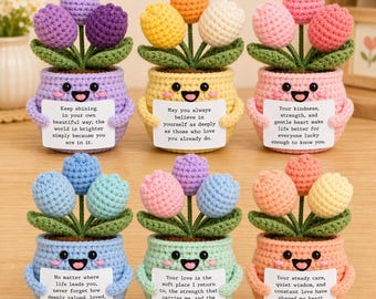 Crocheted Flower Pot, Personalized Message Card, Desk Decor, Inspirational Gift