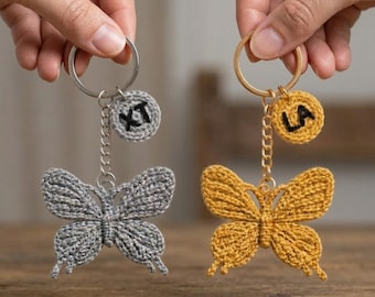 Personalized Crochet Butterfly Keychain | Custom Initial Bag Charm, Handmade Knitted Tag
