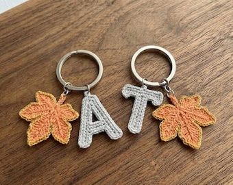 Custom Initial Crochet Keychain | Autumn Maple Leaf Bag Charm, Couple Keyring