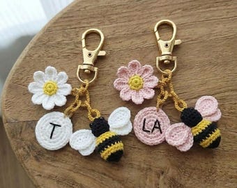 Personalized Crochet Bee Keychain Set | Custom Initial Amigurumi Bag Accessory