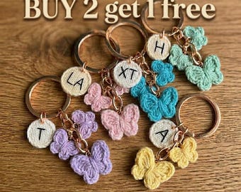 Personalized Crochet Butterfly Keychain, Custom Initial Charm, Handmade Bag Accessory