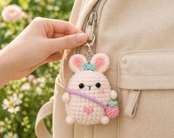 Handmade Crochet Bunny Keychain – Amigurumi Plush Charm with Mini Bag, Pastel Kawaii Animal Keyring